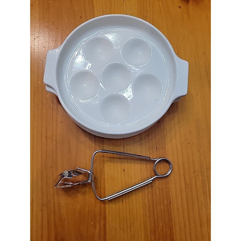 4 Escargot White Enamel Metal Plates Baking Dishes & Server Escargot/Mushroom